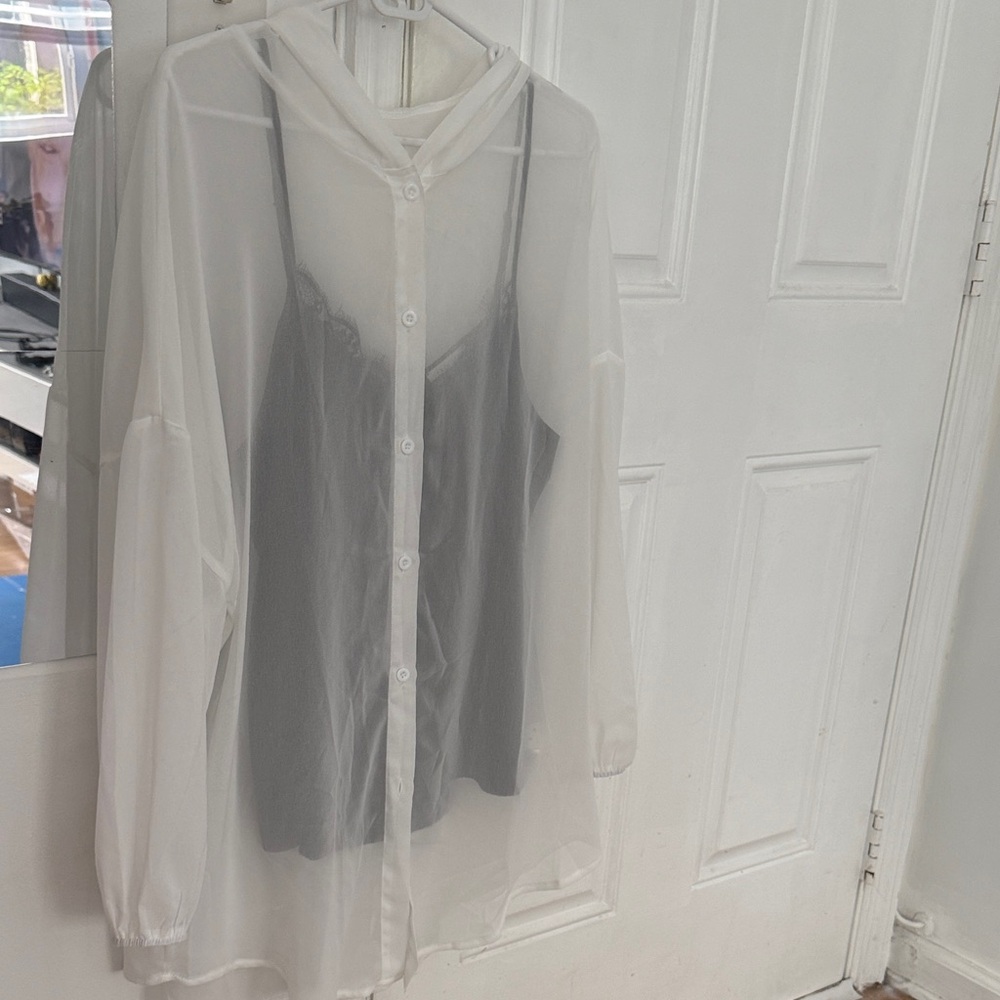 Sheer White Button-Down Tunic with Black Slip Cami